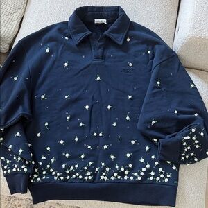 Kith Men's Navy Collared Sweater with White Floral Embroidery